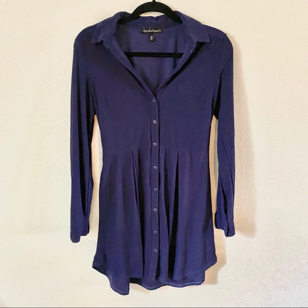 Navy Suede Long Sleeve Button Down Dress